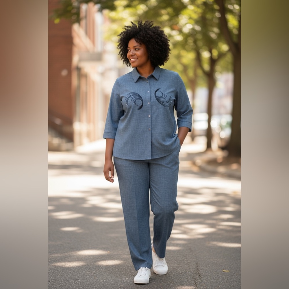 Blue Button-Up Shirt and Pants Set